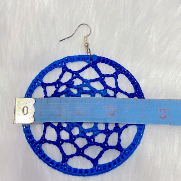 Handcrafted Crochet Webbed Shaded Blue Pair of Hoops Earrings One of A Kind ! - Picture 5 of 5
